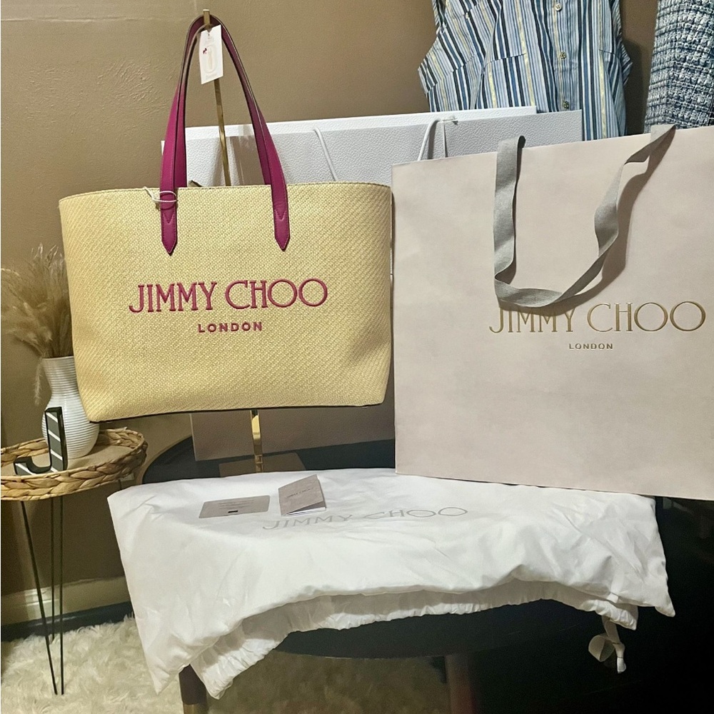 NWT Jimmy Choo Raffia Leather trimmed Magenta and Natural Tote